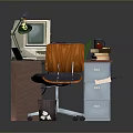 Vintage Office Desk Setup With Old Computer Desk Lamp Printer Books And Wooden Chair