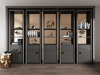 Modern Elegant Bookcase Design With Glass Doors Metal Frame Books And Decorative Items 3d model