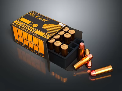 Open 38 Special Ammunition Box With 70 Brass Bullets Scattered On Surface 3d model