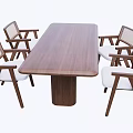 Rectangular Walnut Dining Table Set With Woven Back Chairs And White Padded Seats 3d model