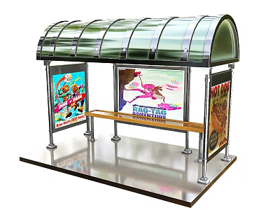 Bus Stop Design With Transparent Roof Advertisement Billboards And Wooden Bench 3d model
