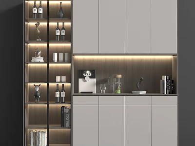 Modern Wine Cabinet Design With Glass Shelves LED Lighting Wine Bottles And Glasses 3d model
