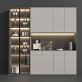 Modern Wine Cabinet Design With Glass Shelves LED Lighting Wine Bottles And Glasses