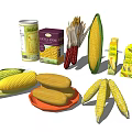 Fresh Corn with Leaves Cobs Kernels and Canned Corn Vegetables 3d model