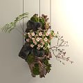 Natural Hanging Art Installation with Wood Stones Moss Pink Flowers Green Ferns and Red Berries