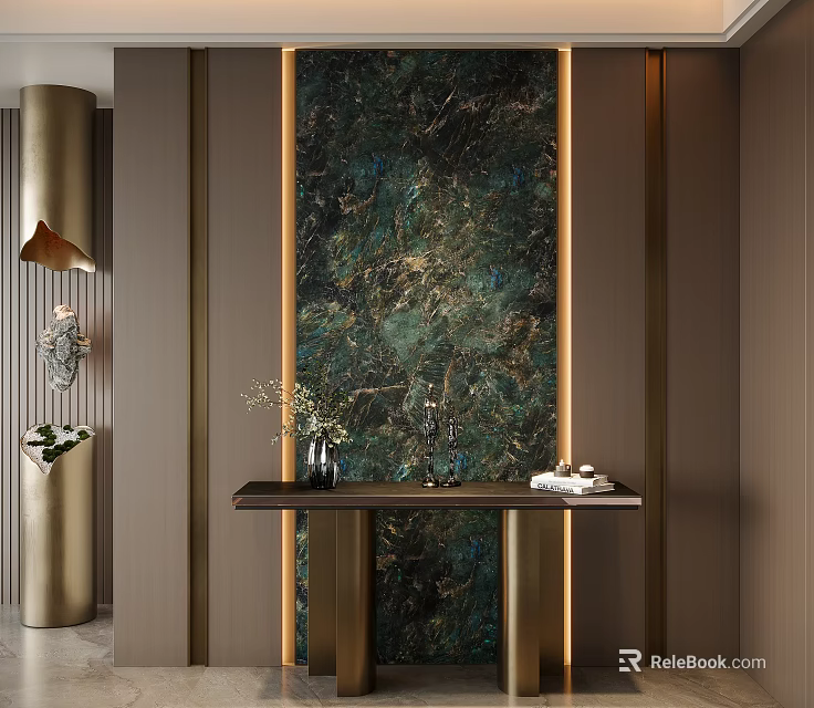 Elegant Modern Entryway Hallway Design With Dark Green Veined Wall Gold Accents And Console Table 3d model 