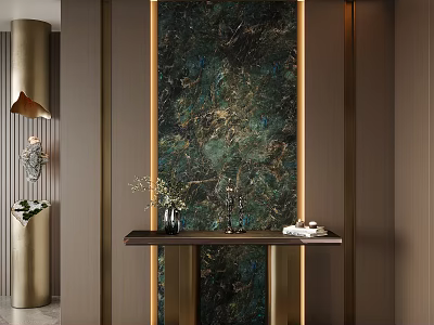 Elegant Modern Entryway Hallway Design With Dark Green Veined Wall Gold Accents And Console Table 3d model