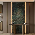 Elegant Modern Entryway Hallway Design With Dark Green Veined Wall Gold Accents And Console Table