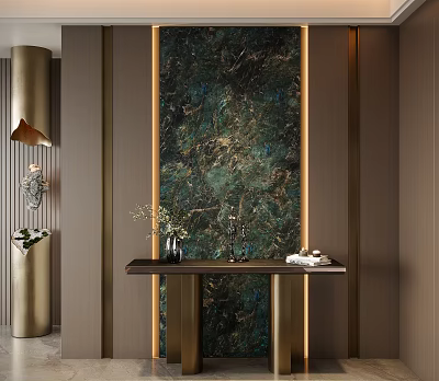 Elegant Modern Entryway Hallway Design With Dark Green Veined Wall Gold Accents And Console Table 3d model