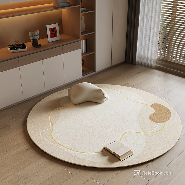 Round Area Rug In Modern Living Room With Cat And Book 3d model 