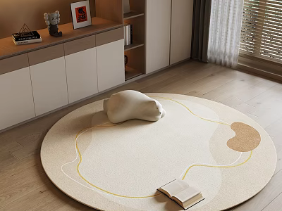 Round Area Rug In Modern Living Room With Cat And Book 3d model