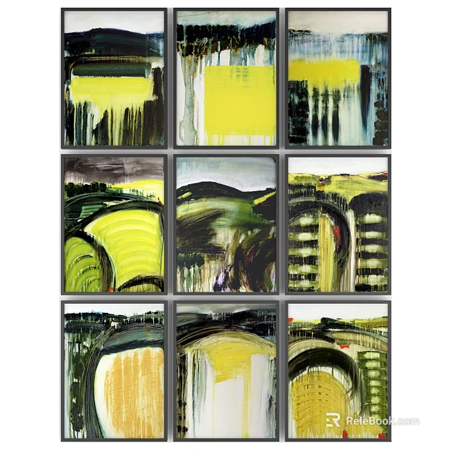 Abstract Wall Art Paintings With Yellow Green Tones And Modern Design 3d model 