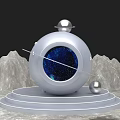 Interactive Area In Silver Space Capsule On Lunar Surface With Mountain Backdrop