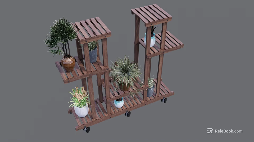 Elegant Multi tiered Wooden Plant Stand With Wheels Displaying Various Potted Plants 3d model 