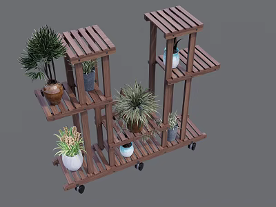 Elegant Multi tiered Wooden Plant Stand With Wheels Displaying Various Potted Plants 3d model