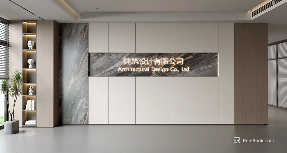 Modern Feature Wall Interior Design With Marble Texture White Panels And Wooden Accents 3d model 