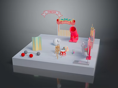 Vibrant Circus Scene With Green Plant Decorations And Colorful Tents Props 3d model