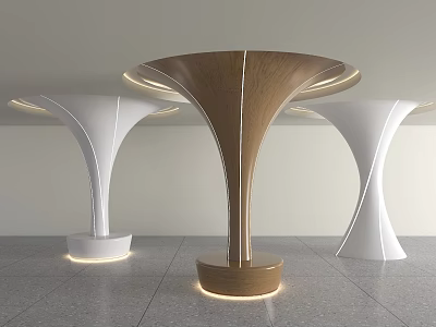 Modern Interior With Wooden And White Columns Featuring Circular Tops And Illuminated Bases 3d model