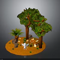 Lush Green Leafy Trees With Brown Trunks Potted Plant And Small Decorations On Orange Ground