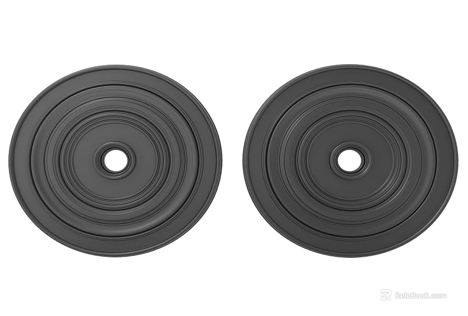 Two Decorative Carved Black Circular Discs With Central Holes And Textured Surfaces 3d model 