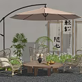 Outdoor Wicker Chairs And Round Wooden Table Set With Umbrella Green Plants And Chinese Scrolls