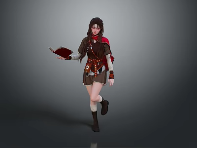 Female Adventurer In Brown Outfit Red Cape With Small Animal Companion Holding Book 3d model