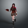 Female Adventurer In Brown Outfit Red Cape With Small Animal Companion Holding Book