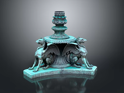 Bronze Fountain Sculpture with Winged Griffin Statues and Multi Tiered Pedestal Design on Reflective Base 3d model
