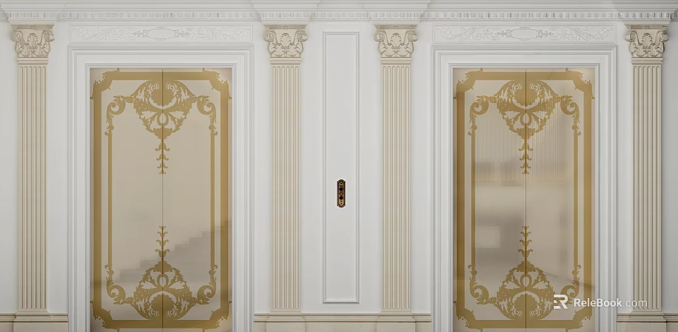 Public Facility Elevator Hall With White Walls And Ornate Golden Decorations 3d model 