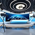Modern Tech Studio Interior With White Conference Table Black Chairs Blue Screens And Lighting Equipment
