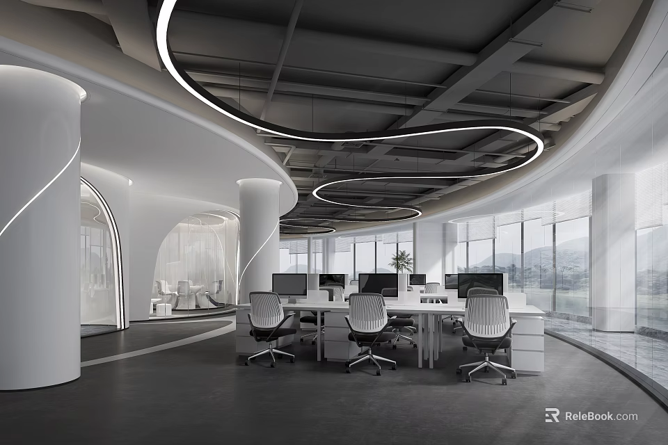 Modern Public Office Space With Large Windows Circular Pendant Lights And White Office Furniture 3d model 