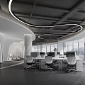 Modern Public Office Space With Large Windows Circular Pendant Lights And White Office Furniture