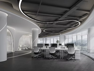 Modern Public Office Space With Large Windows Circular Pendant Lights And White Office Furniture 3d model