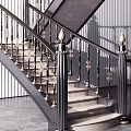 Modern Elegant Staircase Design With Black Gold Railings Marble Steps And Striped Wall