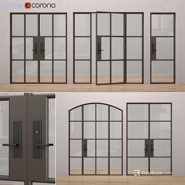 Modern Swing Doors With Glass Panes And Metal Frame For Interior Design 3d model 