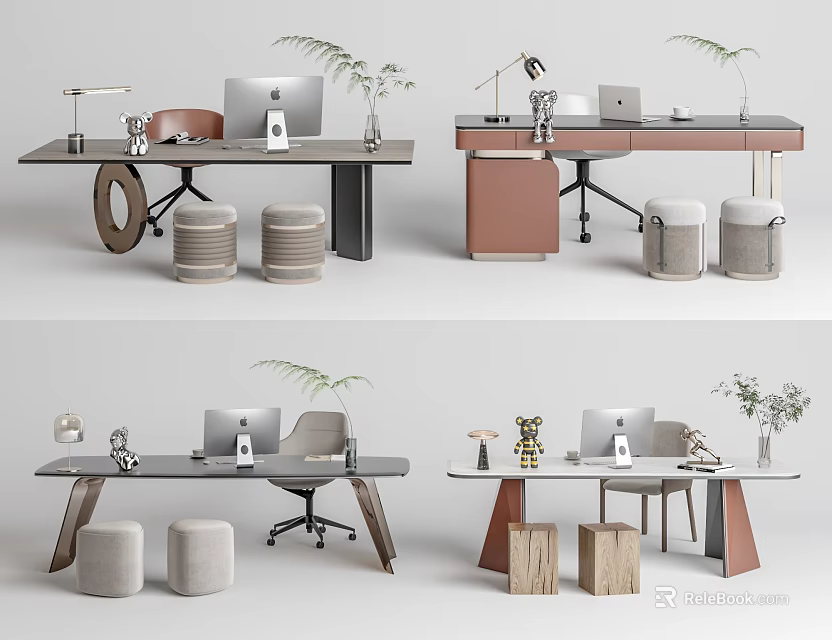 Modern Home Office Desk With Laptop Office Chair Potted Plant And Storage Stools 3d model 