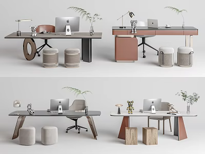 Modern Home Office Desk With Laptop Office Chair Potted Plant And Storage Stools 3d model