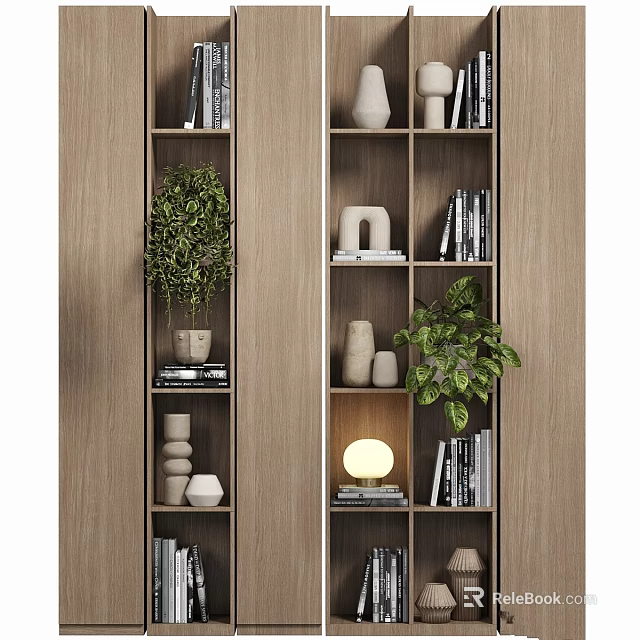 Wooden Storage Shelves With Green Plants Books White Decorative Ornaments And Lamp 3d model 