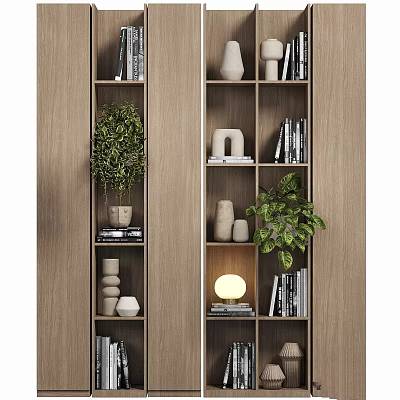 Wooden Storage Shelves With Green Plants Books White Decorative Ornaments And Lamp 3d model