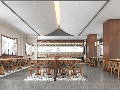 Modern Restaurant Interior With Wooden Tables Chairs Pendant Lights And Open Layout 3d model