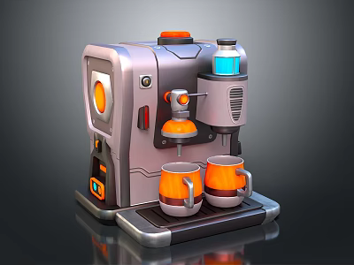 Modern Gray Orange Kitchen Coffee Machine With Water Tank And Two Cups Design 3d model