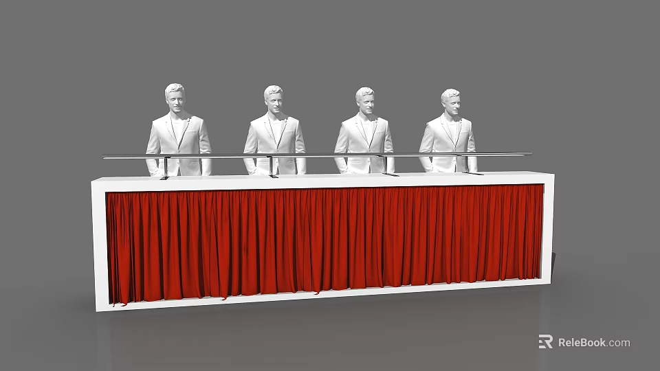 Formal Podium Setup With Red Curtain And Four Suited Figures Standing 3d model 