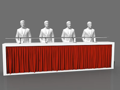 Formal Podium Setup With Red Curtain And Four Suited Figures Standing 3d model