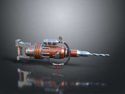 Steampunk Style Drill Tool With Brown Wooden Grip Metal Components And Long Drill Bit 3d model