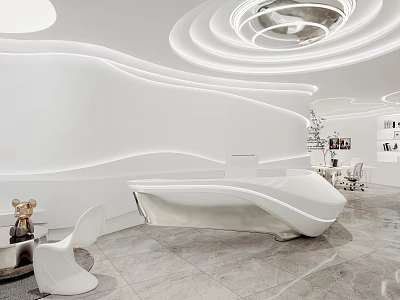 Modern Reception Interior Design With Curved White Desk And Circular Lighting 3d model