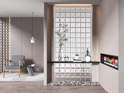 Modern Entryway Design With Glass Block Wall Black Countertop Green Plant and Pebble Floor 3d model