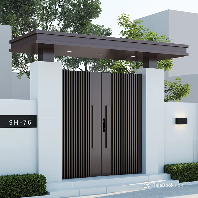 Modern Entrance Gate With Black Vertical Slat Double Doors Brown Roof Overhang And White Pillars 3d model 