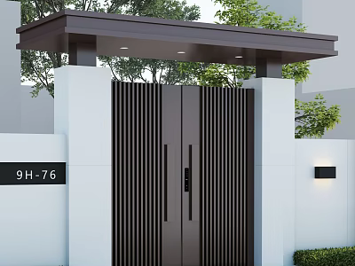 Modern Entrance Gate With Black Vertical Slat Double Doors Brown Roof Overhang And White Pillars 3d model