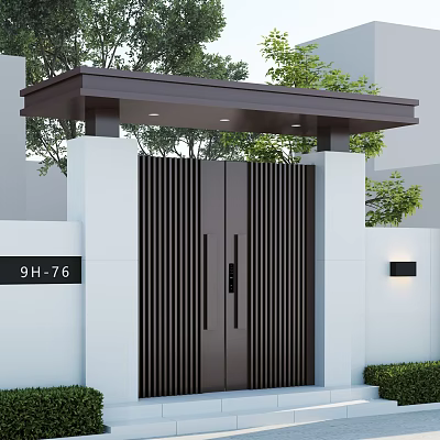 Modern Entrance Gate With Black Vertical Slat Double Doors Brown Roof Overhang And White Pillars 3d model