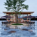 Modern Cafe Interior Design With Pendant Lights Large Windows And Wooden Tables Chairs